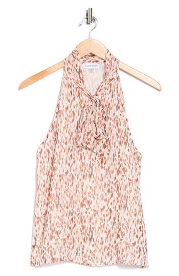 Calvin Klein Tie Neck Chiffon Top In Gold