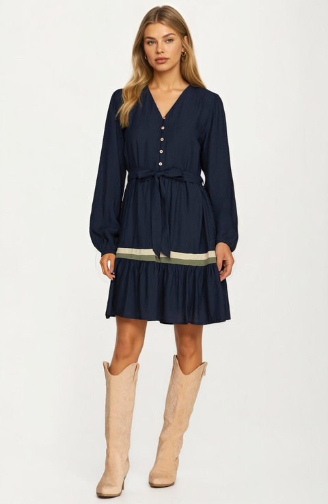 Long Sleeve Button Front Mini Dress with Tie Waist