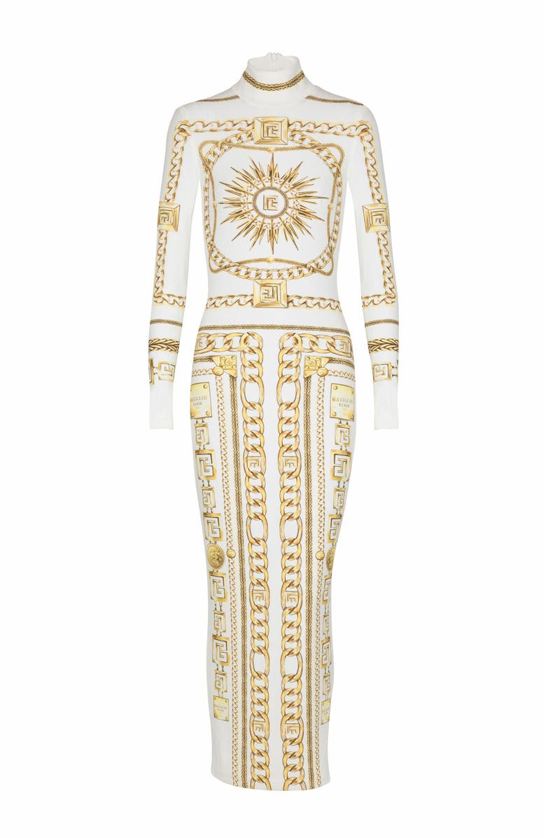 Balmain Long Printed Bodycon Dress With Balmain Foulard Pattern, Alternate, color, Gold