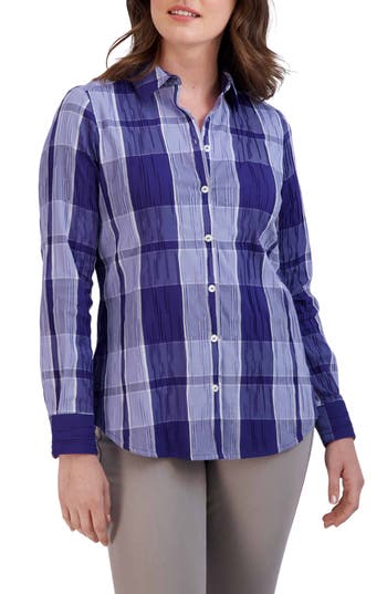 Foxcroft Zoey Plaid Cotton Blend Button-up Shirt In Blue Iris