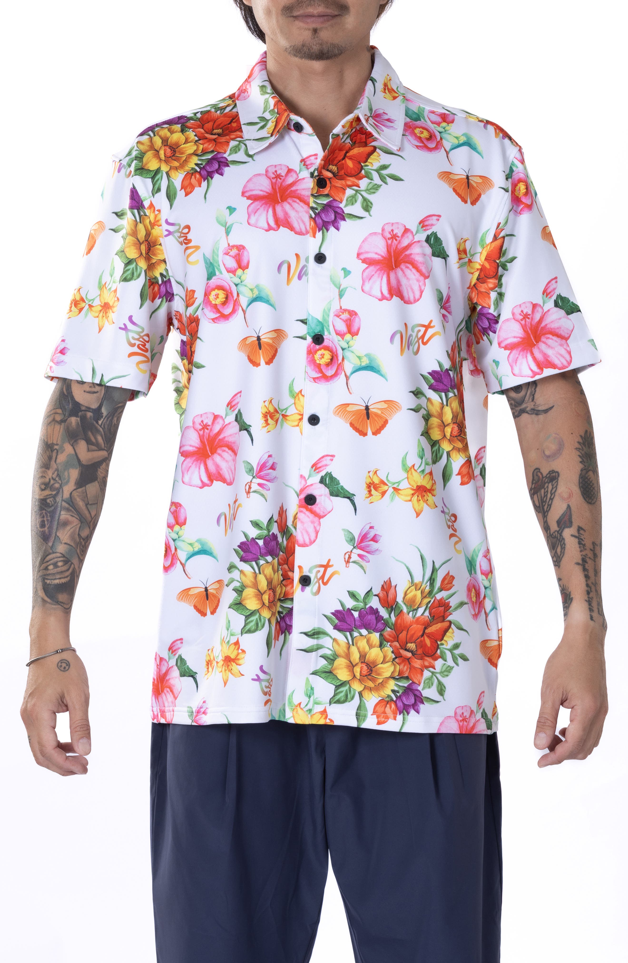 VAST Floral Watercolor Short Sleeve Performance Button-Up Shirt