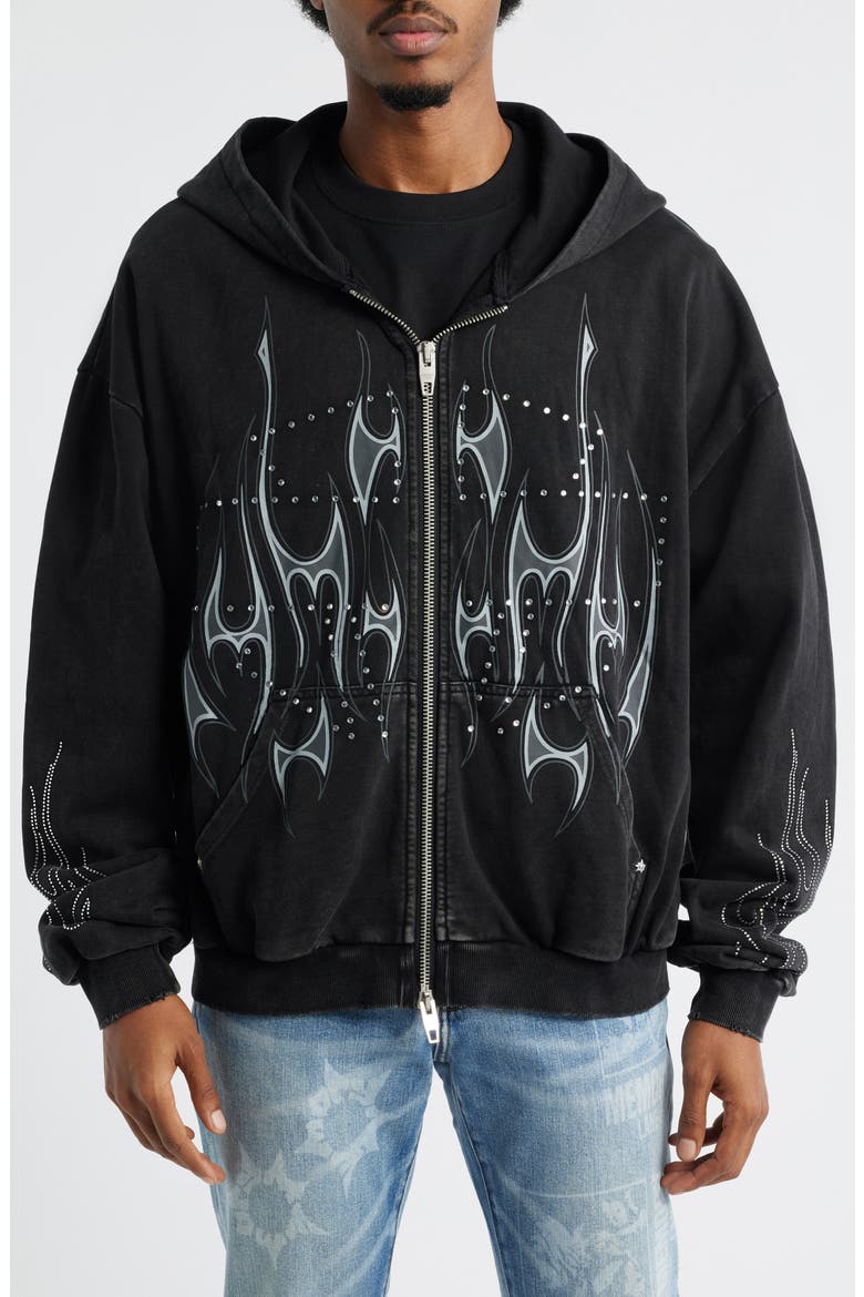Flame Studded Graphic Zip Hoodie, Alternate, color, BLACK