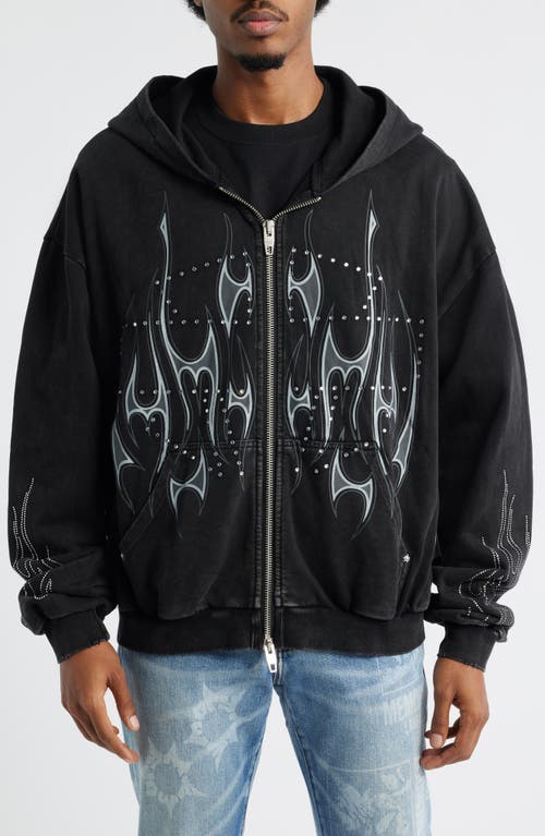Memory Lane Flame Studded Graphic Zip Hoodie In Black