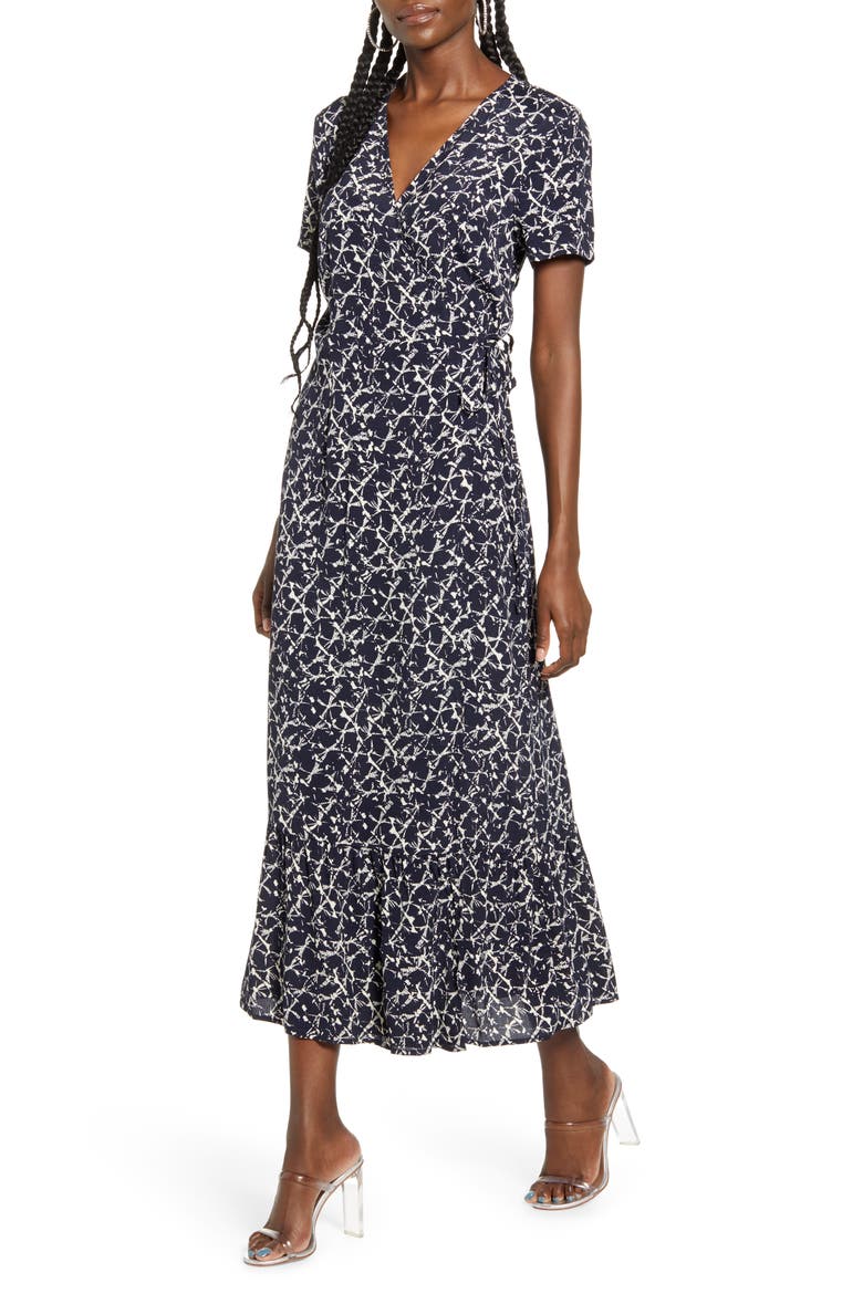 Nille Short Sleeve Woven Maxi Wrap Dress, Main, color, NIGHT SKY
