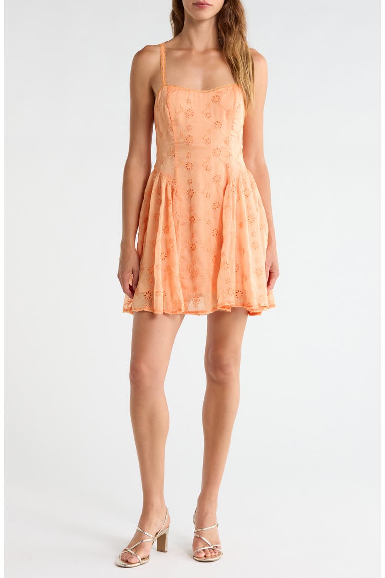 Eyelet Lace Fit & Flare Party Dress, Main, color, TANGERINE