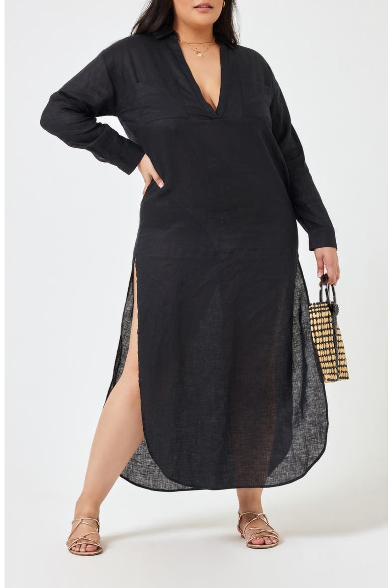 Capistrano Long Sleeve Linen Cover-Up Tunic Dress, Alternate, color, BLACK