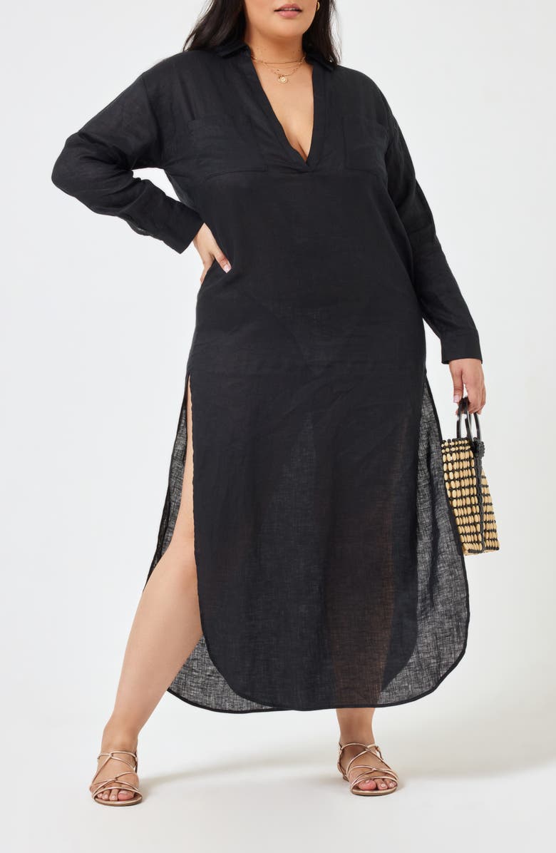 LSPACE Capistrano Long Sleeve Linen Cover-Up Tunic Dress, Alternate, color, Black