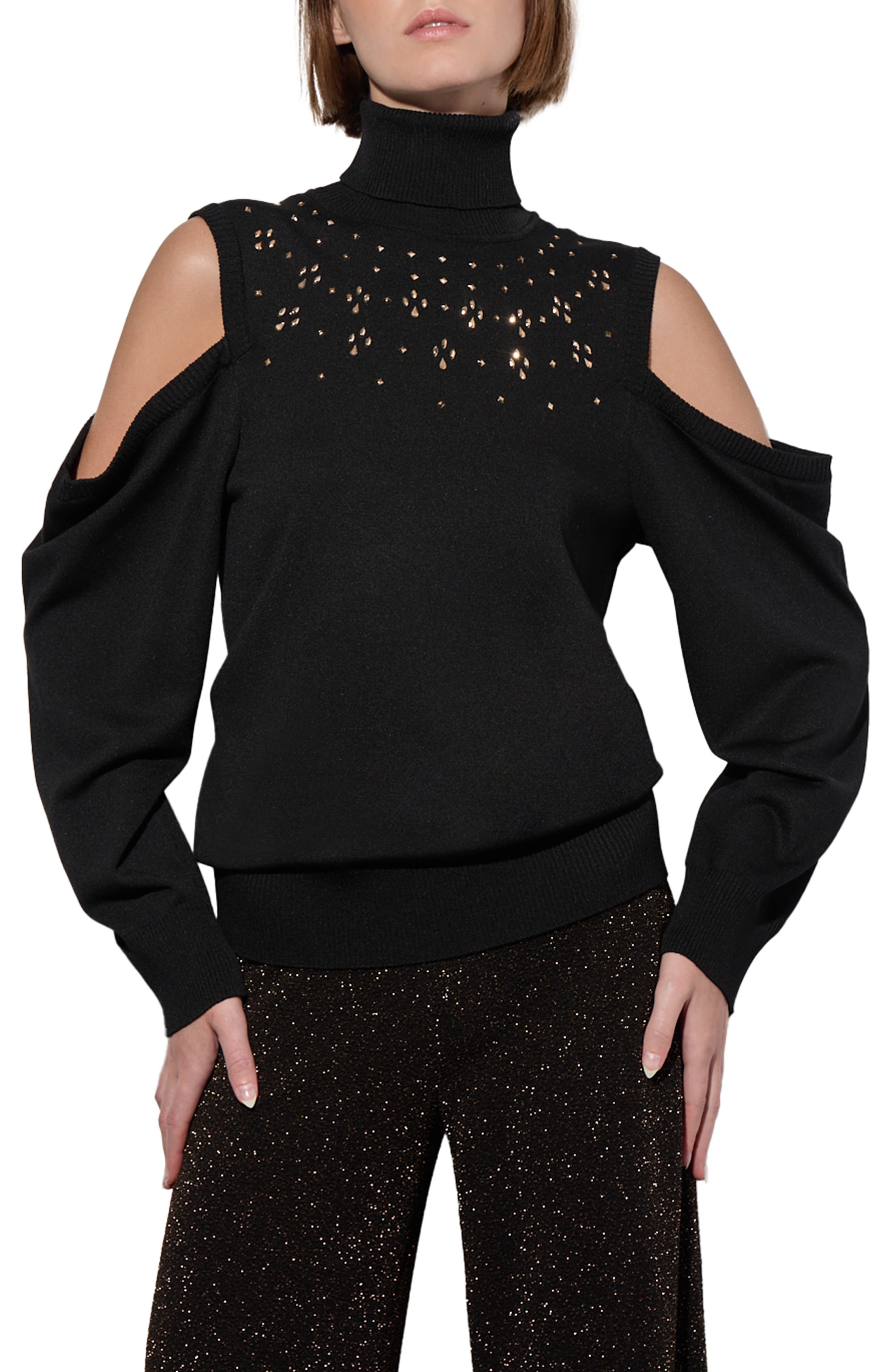 Ming Wang Embellished Cold Shoulder Turtleneck Sweater in Black/gold 