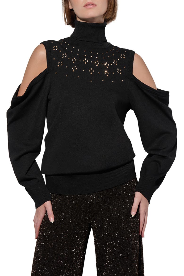 Embellished Cold Shoulder Turtleneck Sweater, Main, color, BLACK/GOLD