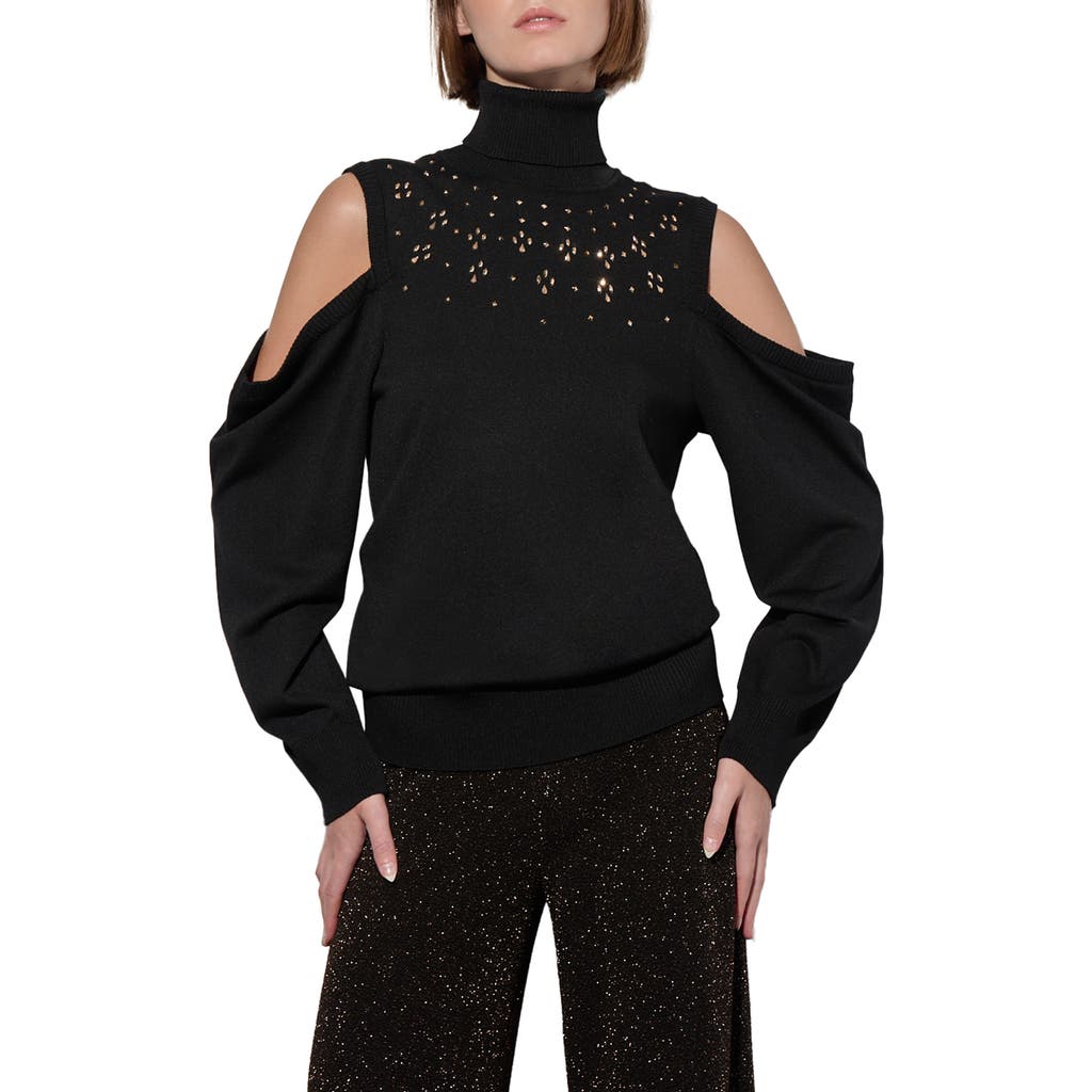 Ming Wang Embellished Cold Shoulder Turtleneck Sweater in Black/gold
