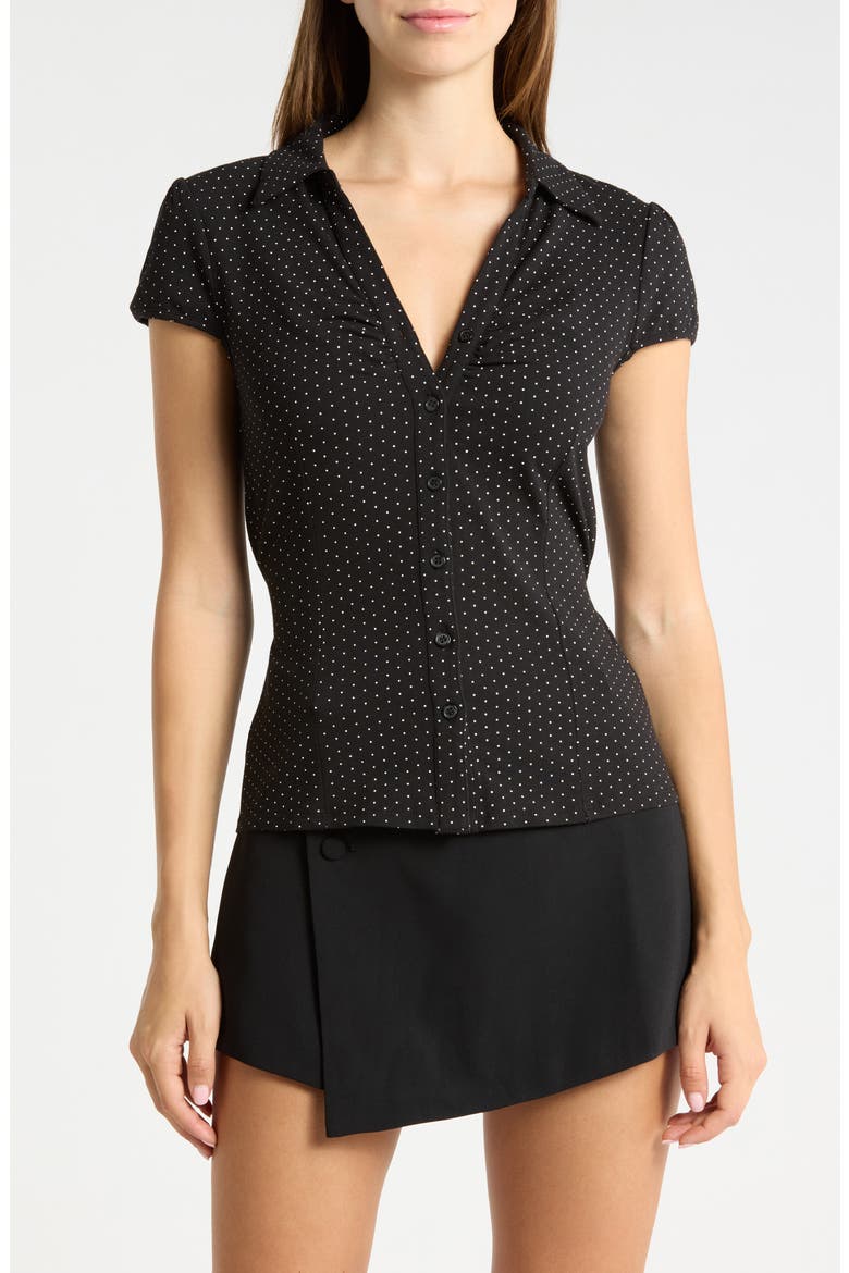 Ruched Cap Sleeve Tie Waist Shirt, Main, color, BLACK WHITE