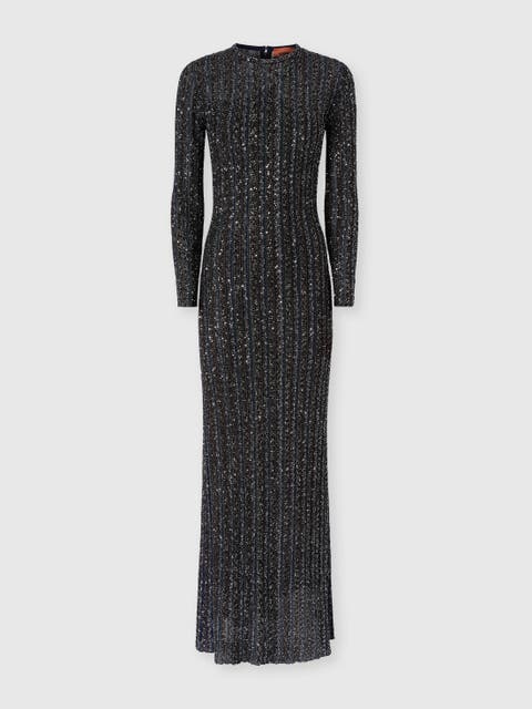 Long Crewneck Striped Knit Dress With Sequins