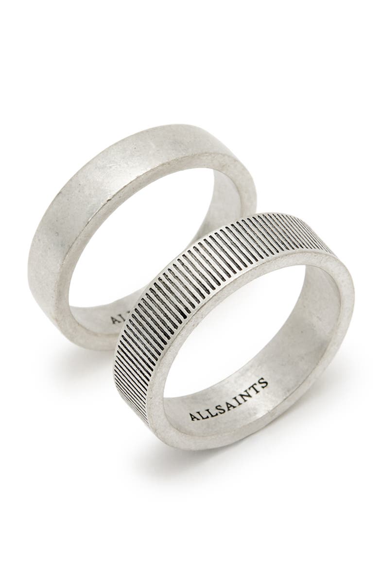 AllSaints Men's Set of 2 Textured Band Rings, Main, color, Warm Silver