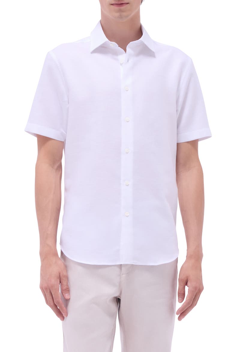 Orson Palm Tree Pattern Solid Short Sleeve Cotton & Linen Button-Up Shirt, Main, color, WHITE