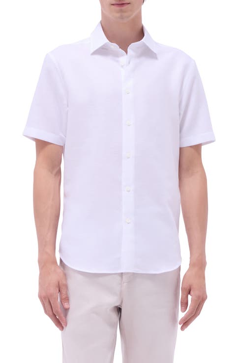 Orson Palm Tree Pattern Solid Short Sleeve Cotton & Linen Button-Up Shirt