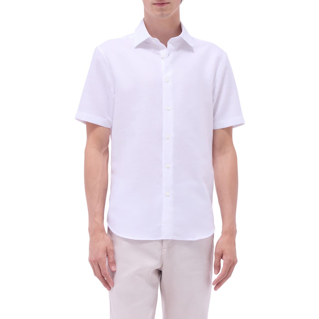 BUGATCHI BUGATCHI ORSON PALM TREE PATTERN SOLID SHORT SLEEVE COTTON & LINEN BUTTON-UP SHIRT