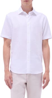 Bugatchi Orson Palm Tree Pattern Solid Short Sleeve Cotton & Linen Button-Up Shirt