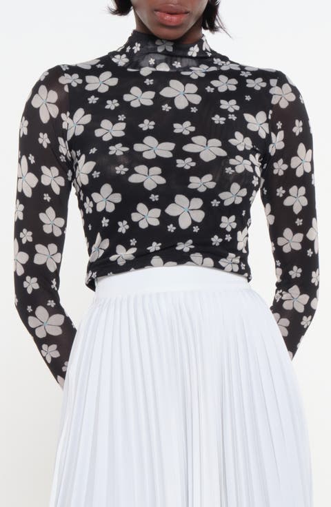 Print Turtleneck Mesh Top