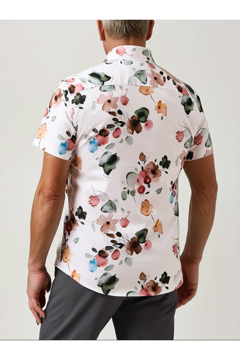 Tencel Stretch Watercolor Floral SS Button-Up Shirt, Alternate, color, White