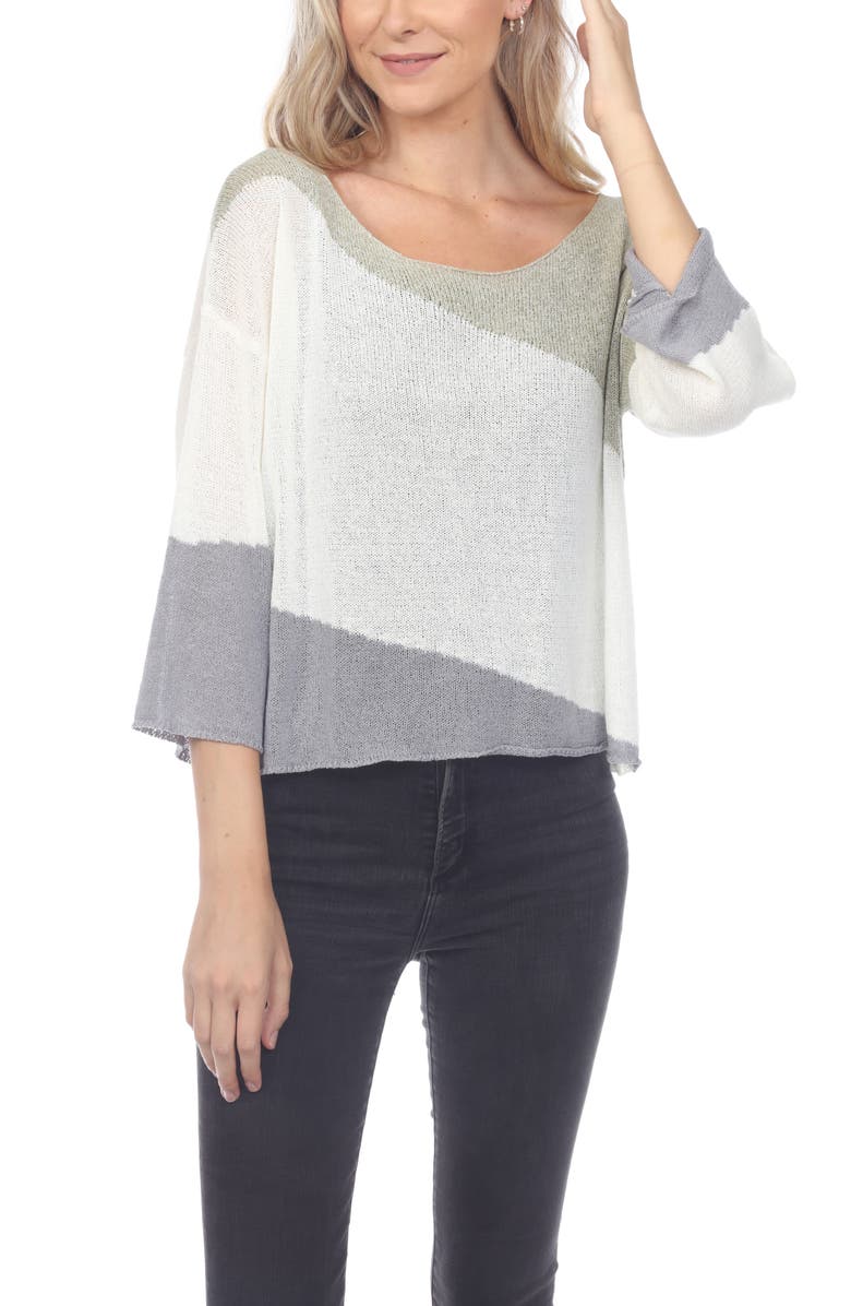 RAIN AND ROSE Stripe Three-Quarter Sleeve Openwork Knit Top, Main, color,