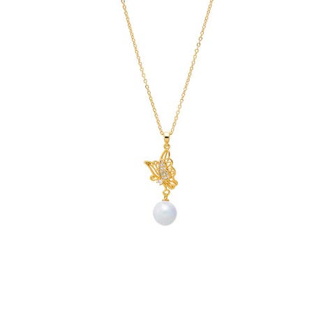 CZ Butterfly & Drop Pearl Pendant Necklace