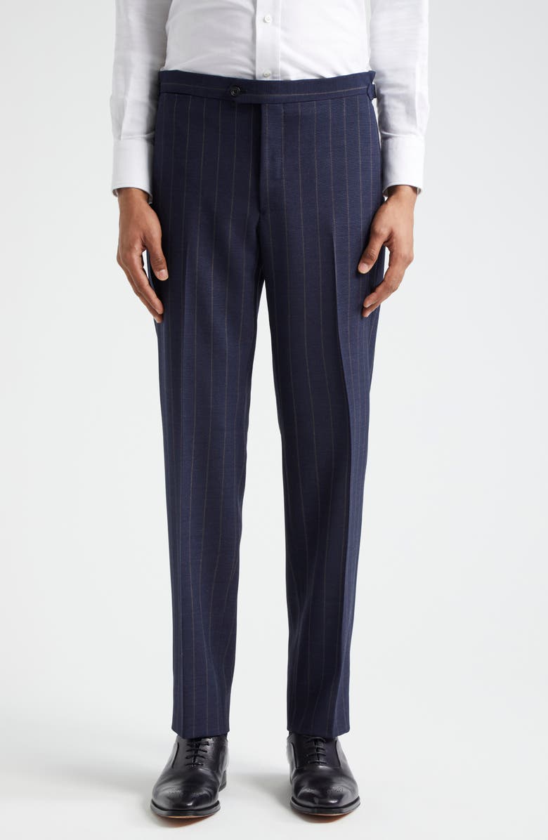 Thom Sweeney Pinstripe Structured Wool Suit, Main, color, Navy Brown Stripe