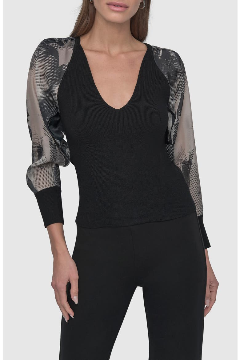 Mixed Media Long Sleeve Sweater, Main, color, BLACK