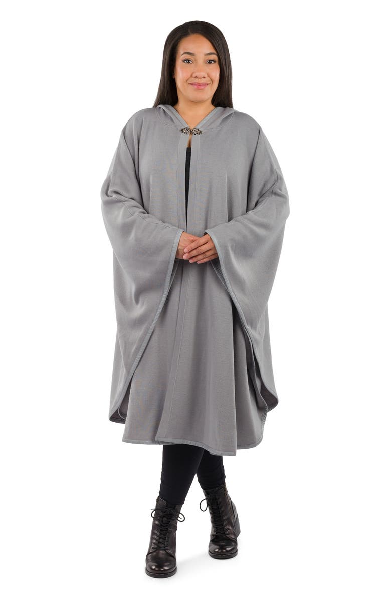 Patricia Nash Hooded Faux Leather Trim Cable Knit Cape, Alternate, color, Grey