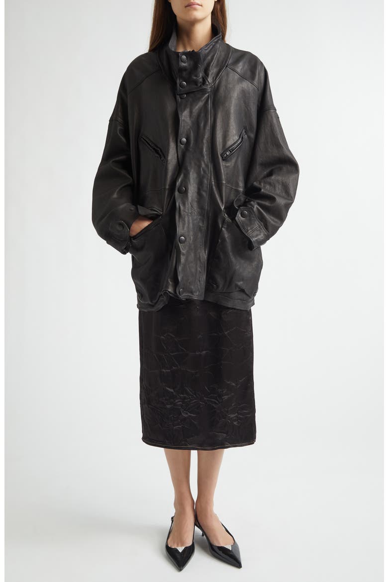 Oversize Belted Leather Coat, Alternate, color, NOIR