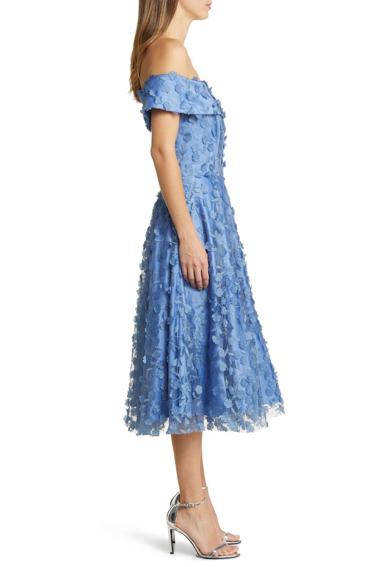 Floral Appliqué Off the Shoulder Midi Cocktail Dress, Alternate, color, SLATE