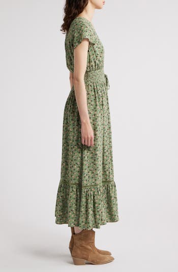 Print Smocked Waist Ruffle Hem Maxi Dress