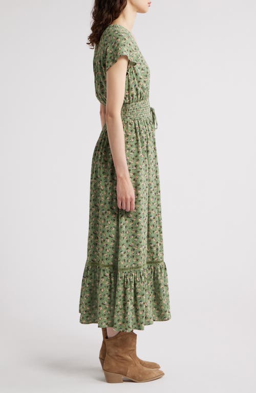 Shop Treasure & Bond Print Smocked Waist Ruffle Hem Maxi Dress In Olive- Rust Elaine Geo