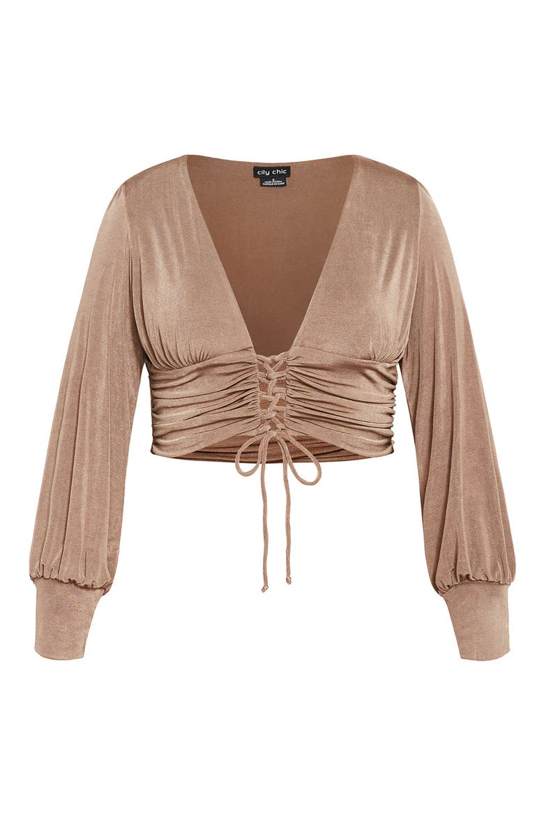 Maren Long Sleeve Lace-Up Crop Top, Alternate, color, MOCHA