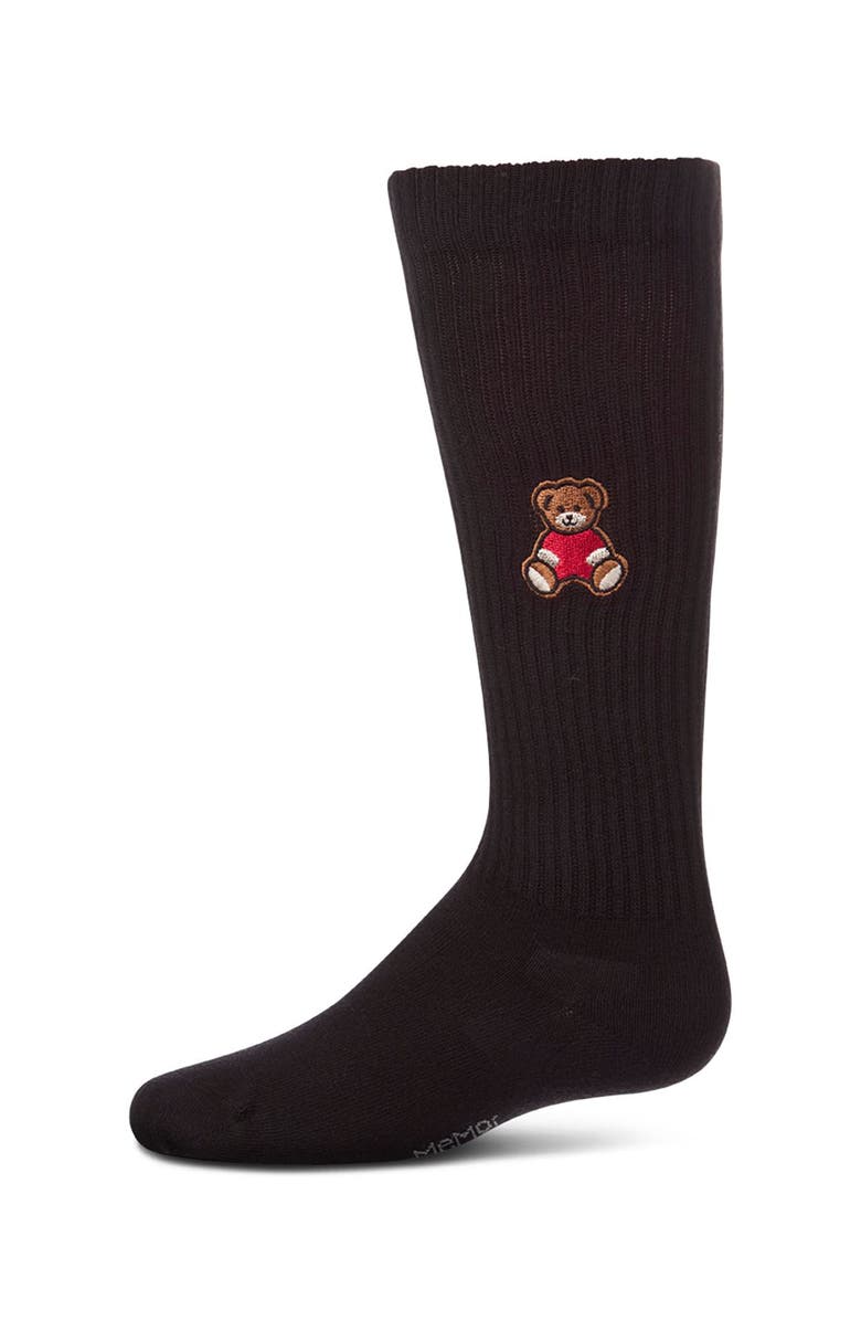 MeMoi Ribbed Knee High Sock with Embroidered Teddy Bear, Main, color, Black