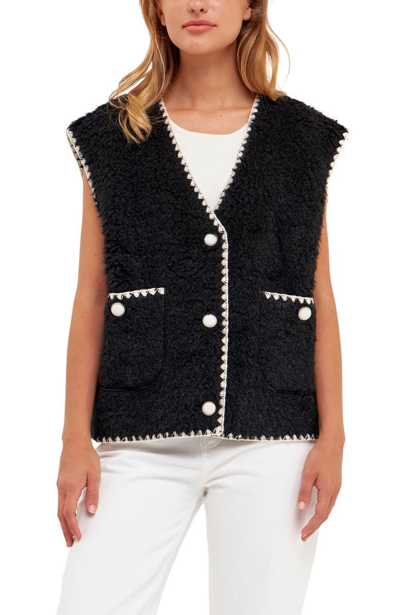 English Factory Premium Faux Shearling Vest, Alternate, color, Black