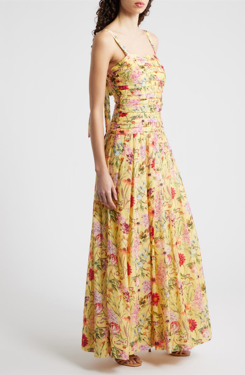 Julia Jordan Pleated Floral Print Sleeveless Gown, Alternate, color, Yellow Multi