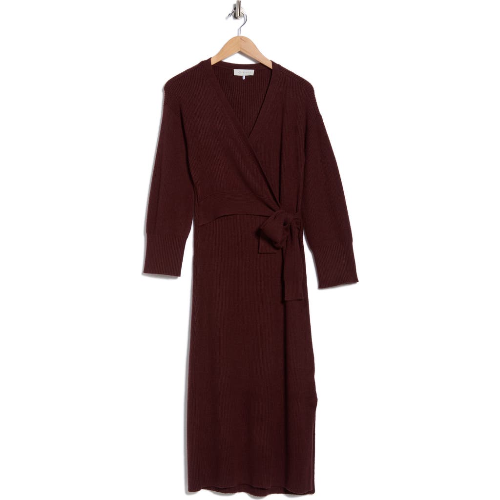 Wayf Long Sleeve Wrap Sweater Dress In Brown
