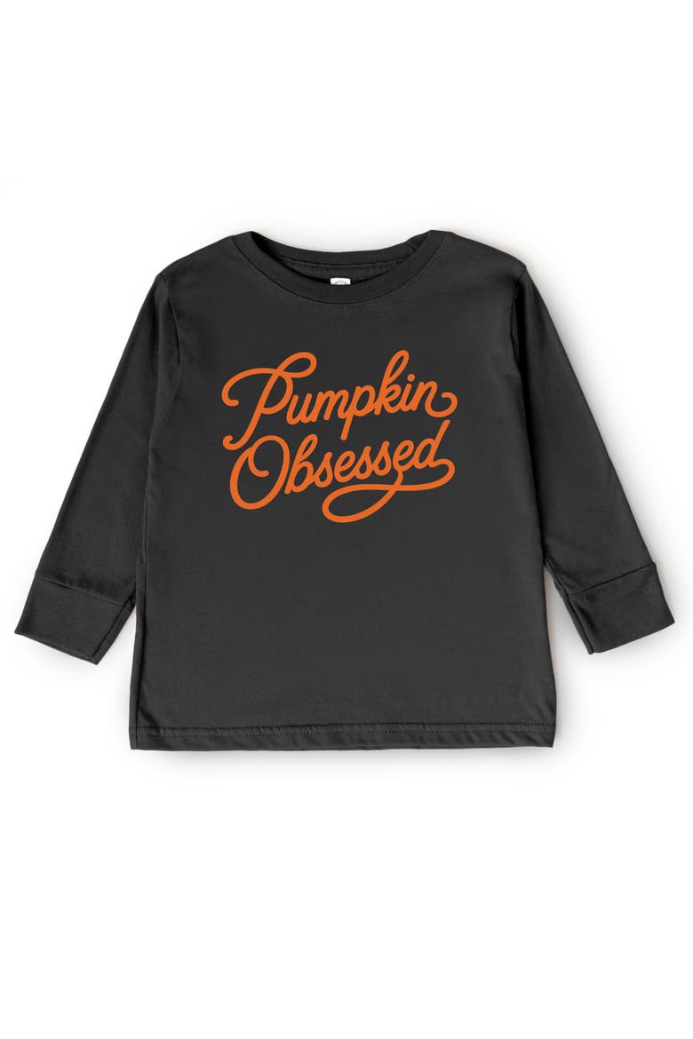 Pumpkin Obsessed Cursive Toddler Long Sleeve Graphic Tee, Main, color, Black