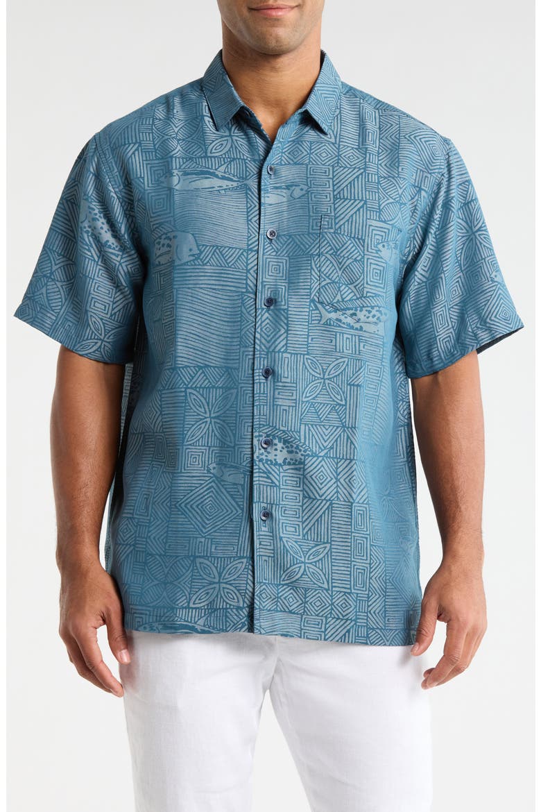 Kapakahi Jacquard Short Sleeve Button-Up Shirt, Main, color, SLATE