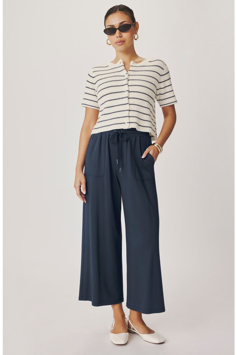 Delilah Stripe Cotton Cardigan, Alternate, color, MOOD INDIGO BLUE/ SHELL