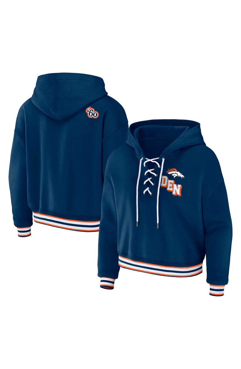 WEAR by Erin Andrews Women's WEAR by Erin Andrews Navy Denver Broncos Plus Size Lace-Up Pullover Hoodie, Main, color, Navy
