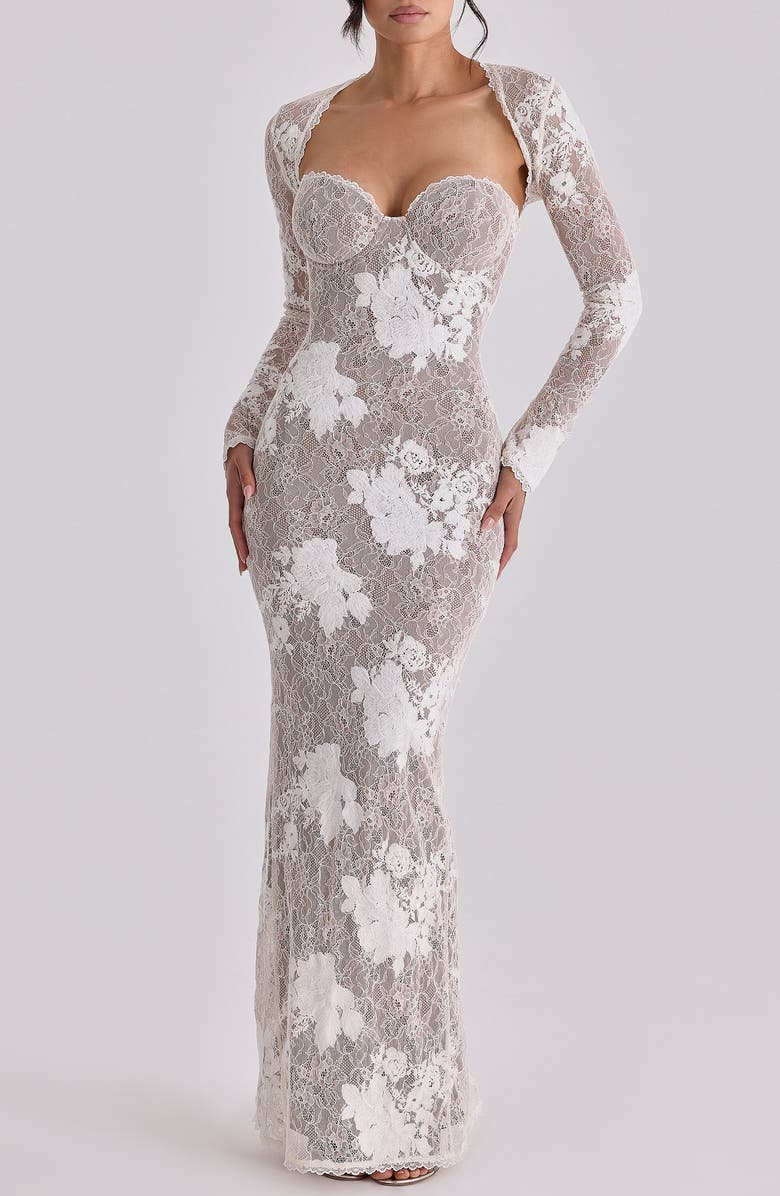 HOUSE OF CB Lucienne Lace Corset Strapless Gown & Bolero Set, Main, color, Ivory