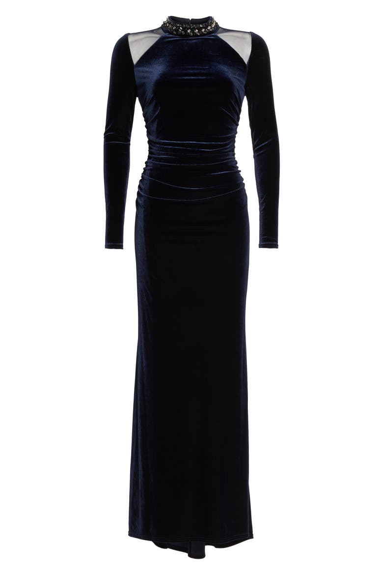 Mesh Panel Embellished Velvet Gown, Alternate, color, NAVY