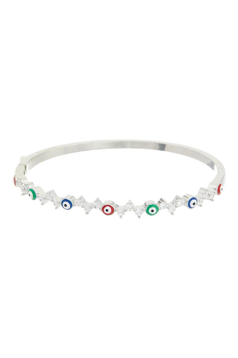 Cubic Zirconia & Enamel Evil Eye Bangle Bracelet, Main, color, SILVER
