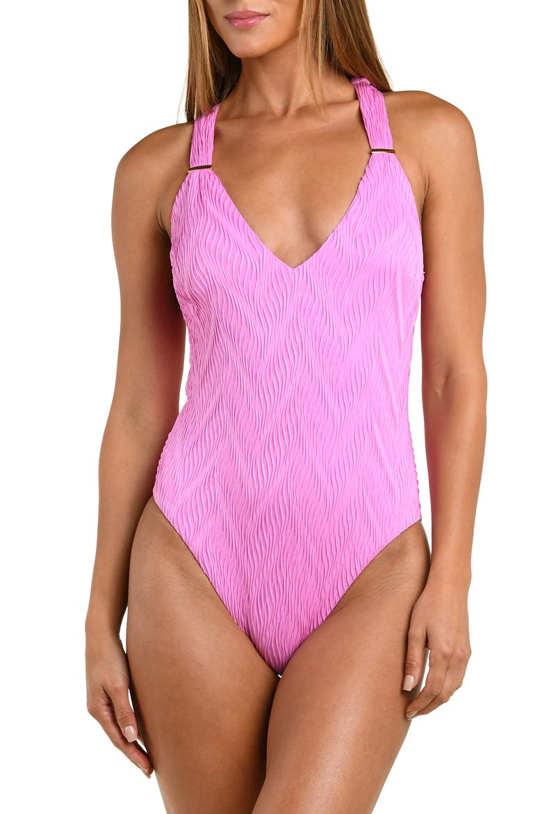 Etheral Echo Plunge One-Piece Swimsuit, Main, color, BLUSH