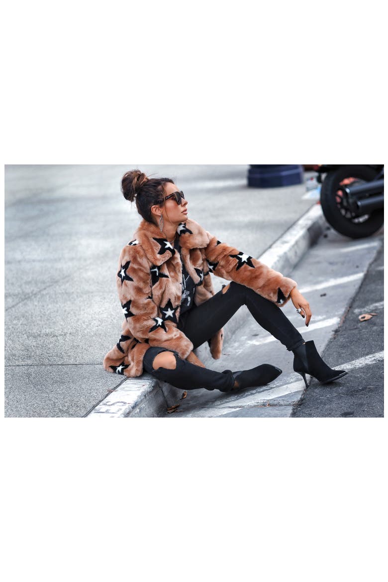 Star Print Faux Fur Swing Coat, Alternate, color, CAMEL/ BLACK STAR