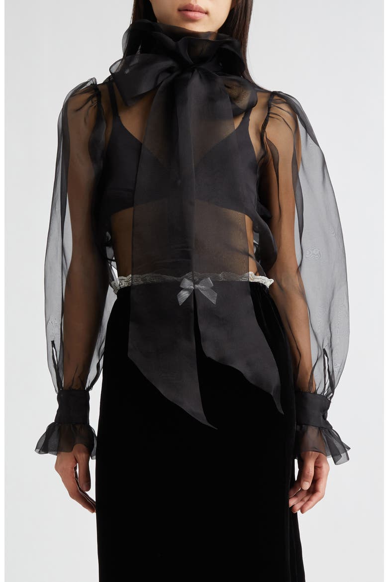 Gender Inclusive Simone Pussy Bow Sheer Silk Organza Shirt, Main, color, BLACK