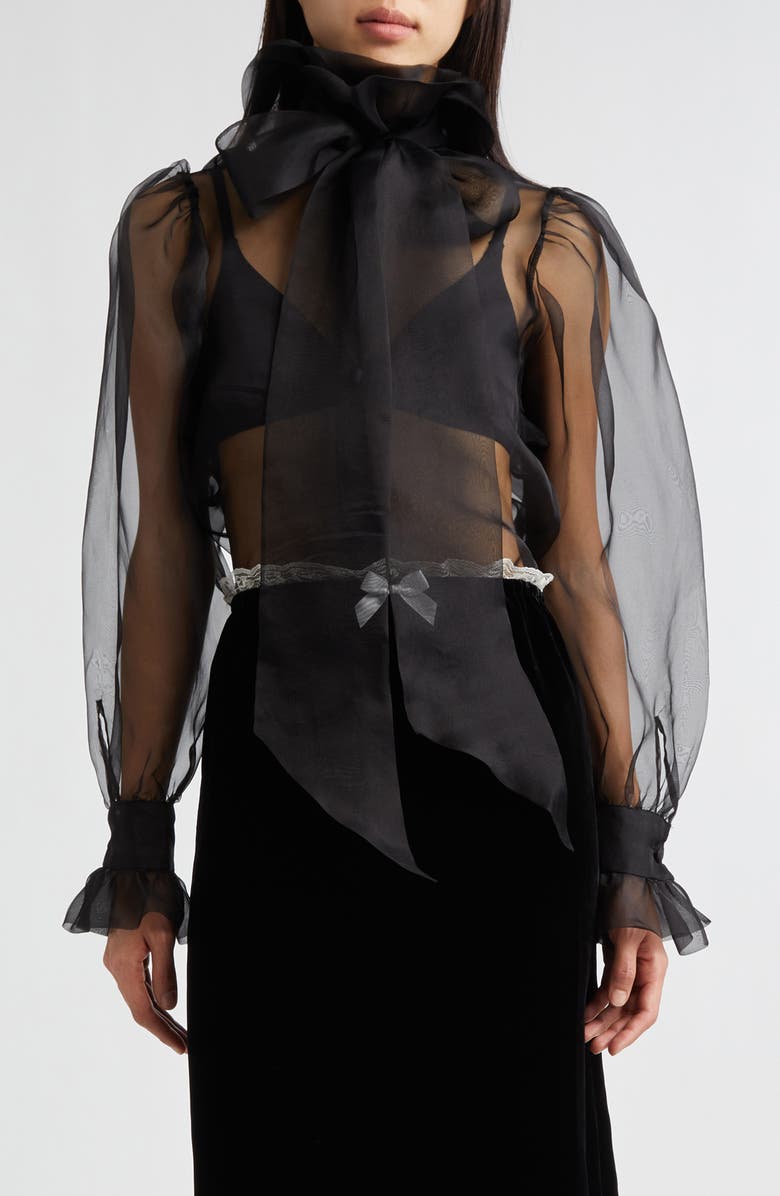 Tanner Fletcher Gender Inclusive Simone Pussy Bow Sheer Silk Organza Shirt, Main, color, Black