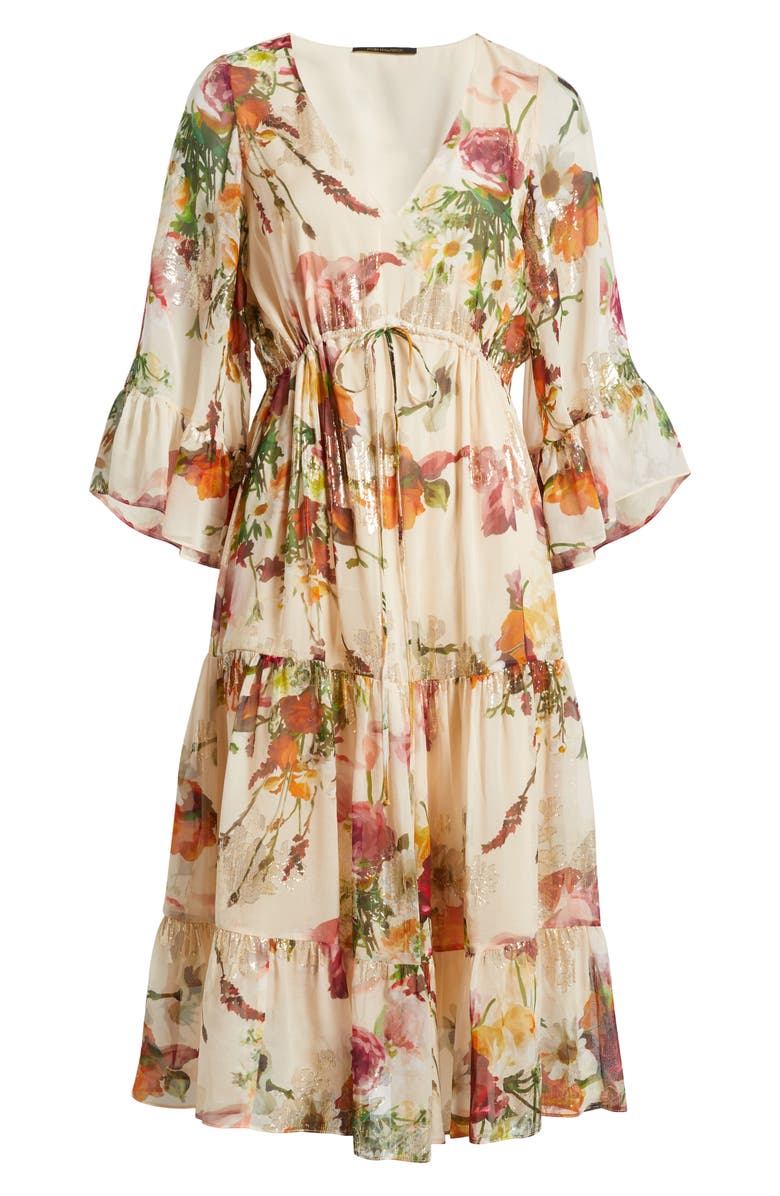 KOBI HALPERIN Limone Metallic Floral Tiered Silk Blend Midi Dress, Alternate, color, 