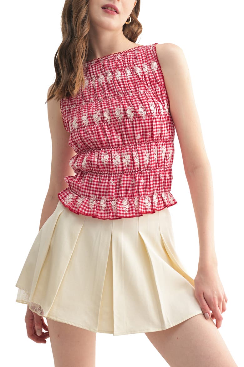 Embroidered Gingham Check Sleeveless Cotton Top, Main, color, RED